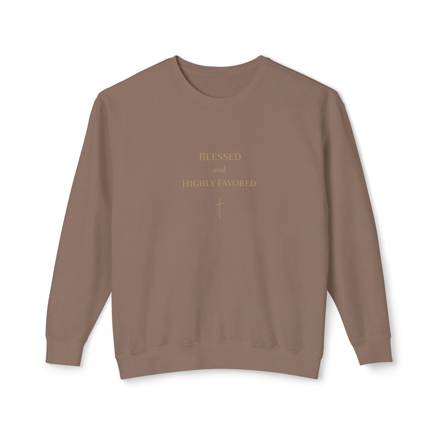 Brown sweatshirt with 'Blessed and Highly Favoured' text and cross on a white background