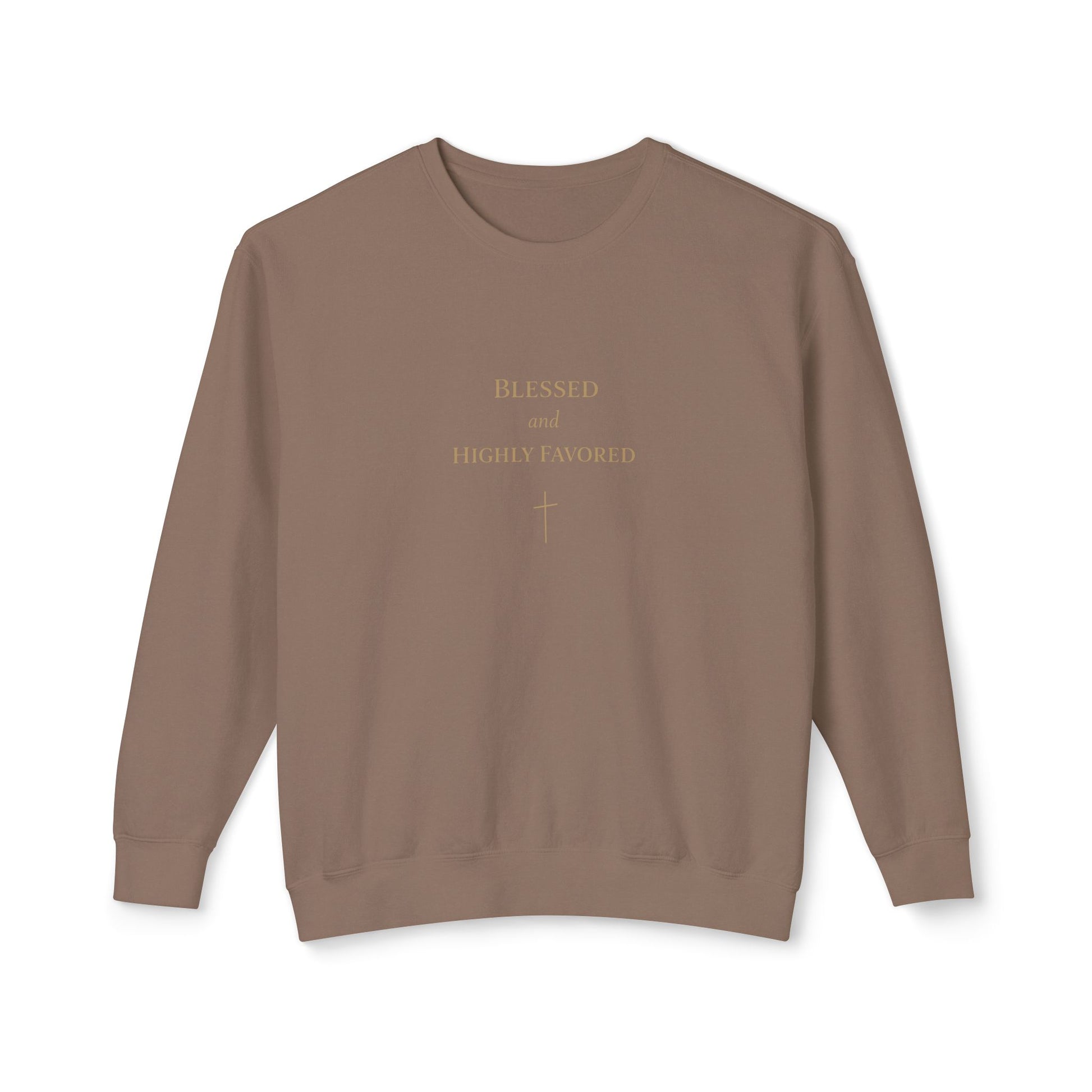 Brown sweatshirt with 'Blessed and Highly Favoured' text and cross on a white background