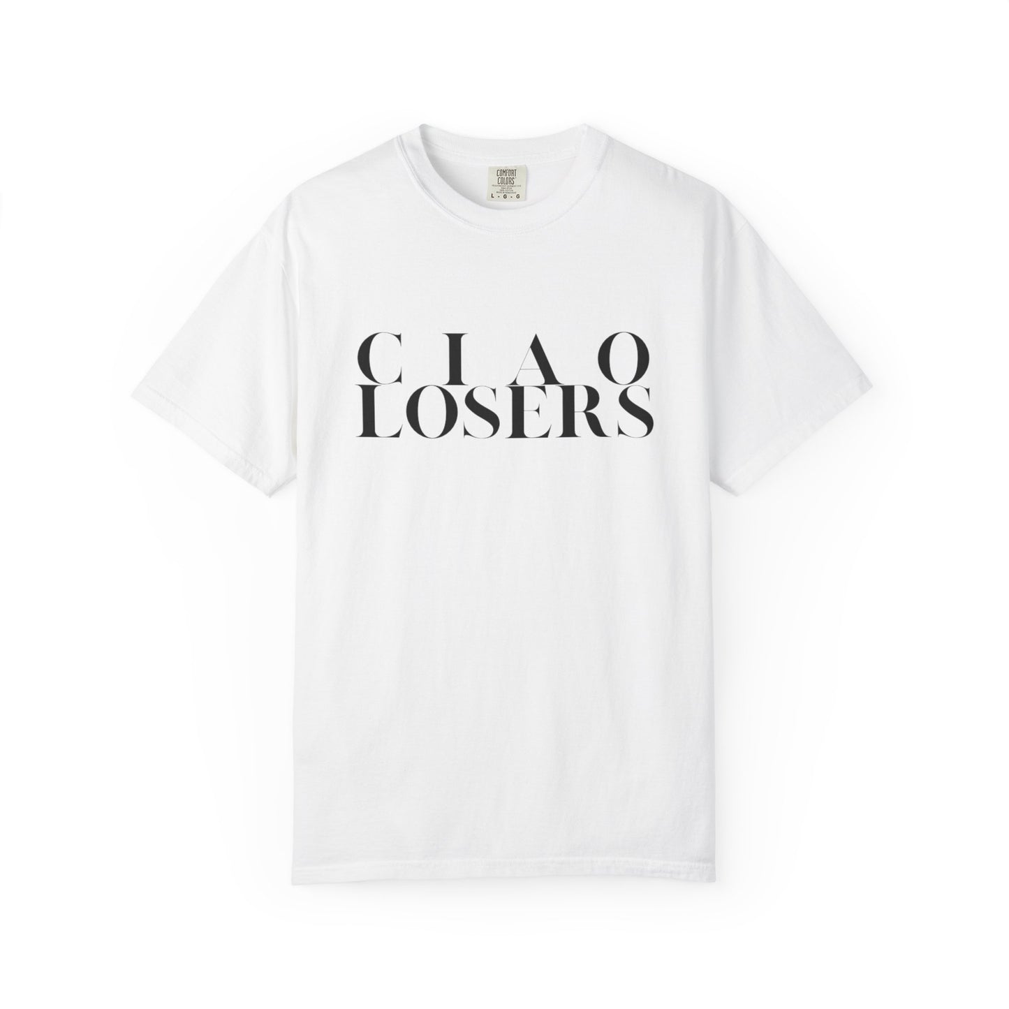 White t-shirt with 'CLAO LOSERS' text on a white background