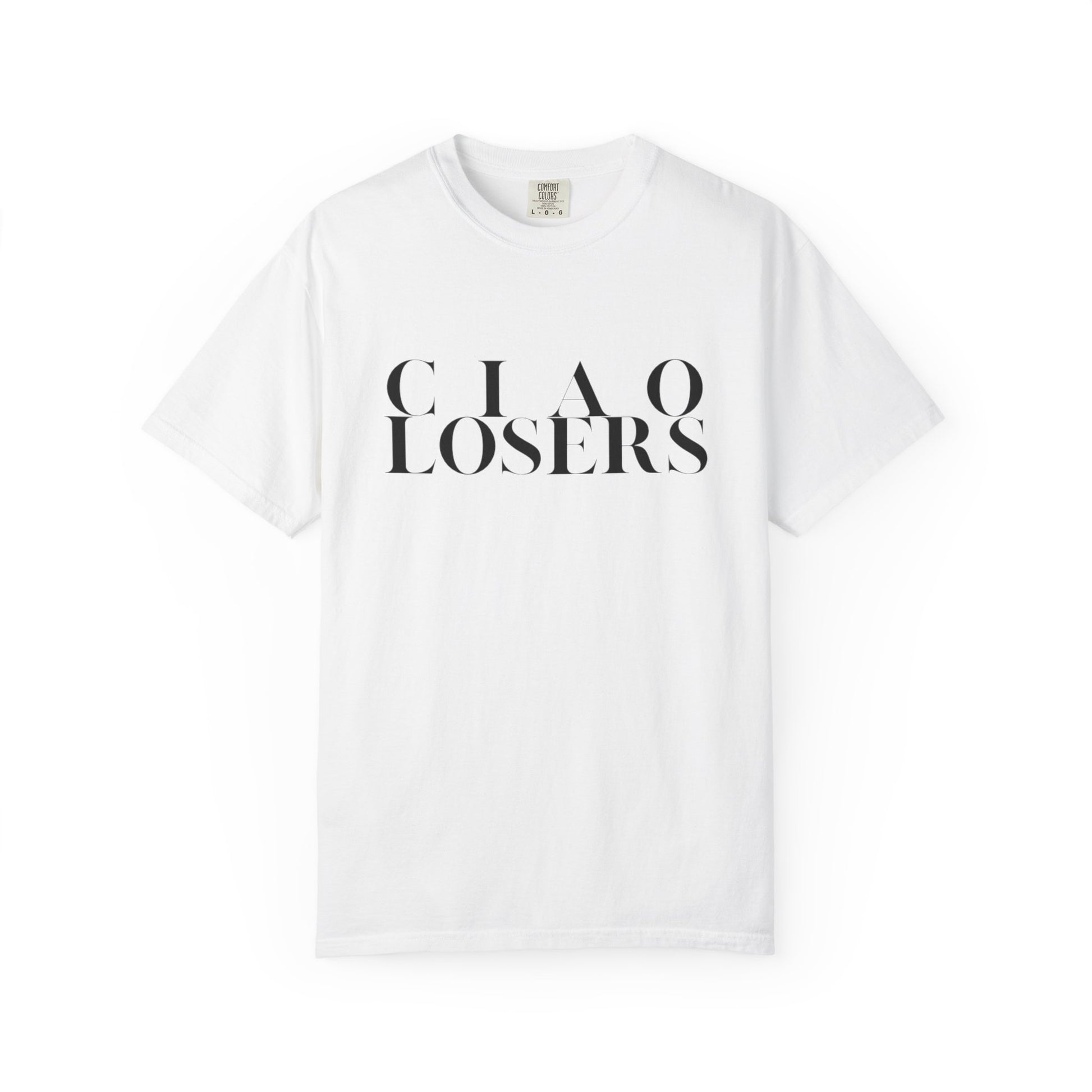 White t-shirt with 'CLAO LOSERS' text on a white background