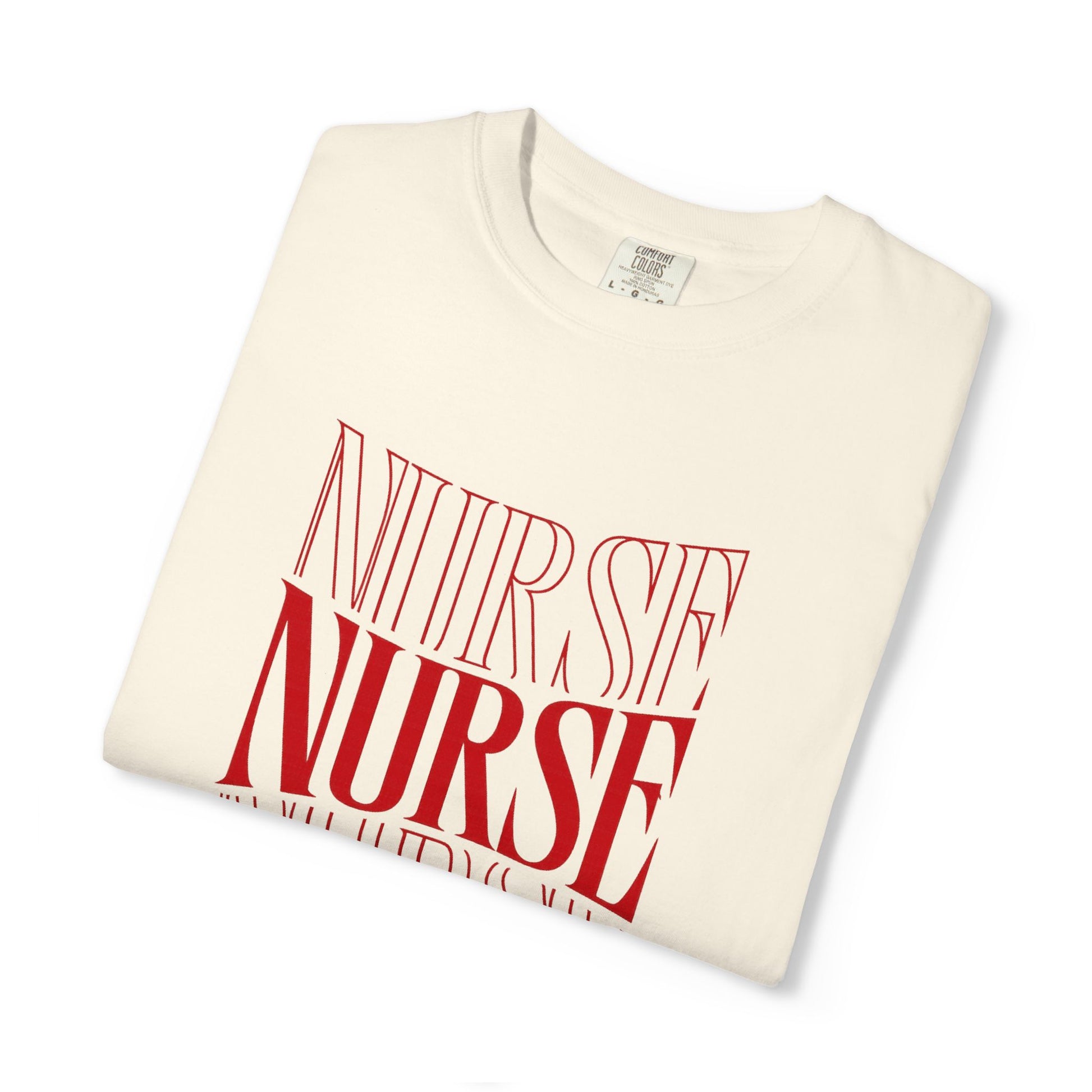 Folded t-shirt with 'Nurse' text in red on a white background
