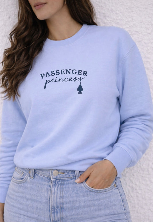 Person wearing a light blue sweatshirt with 'Passenger Princess' text and a tree graphic.