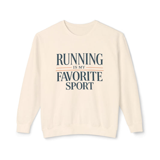 ivory sweatshirt with 'Running is my Favorite Sport' text on a white background