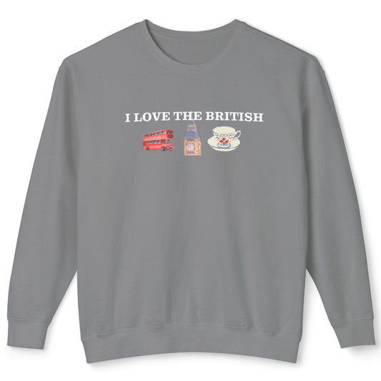 Gray sweatshirt with 'I LOVE THE BRITISH' text and graphics on a white background