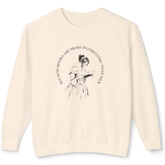 Beige sweatshirt with a graphic design of a woman and text on a white background