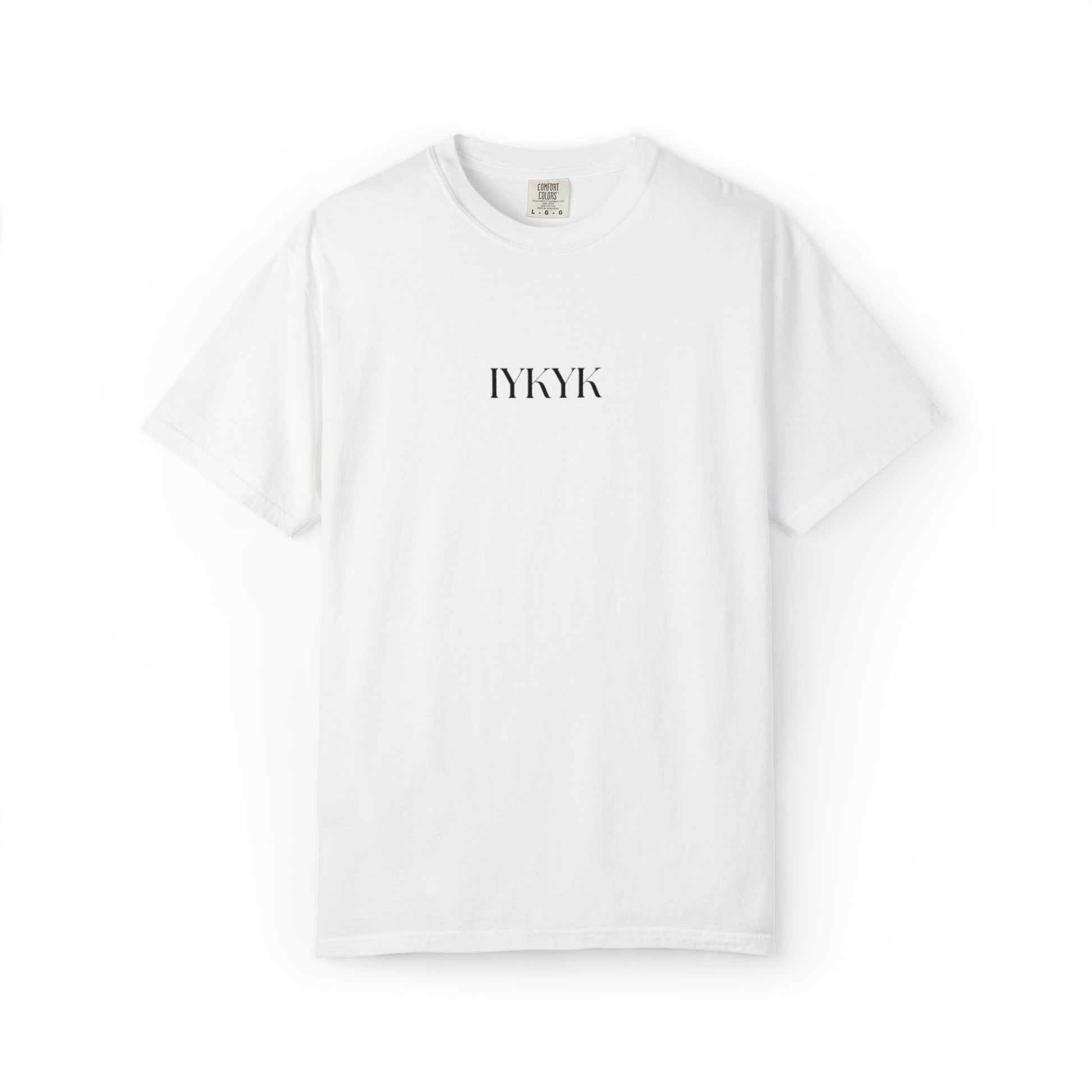 White t-shirt with 'IYKYK' text on a white background