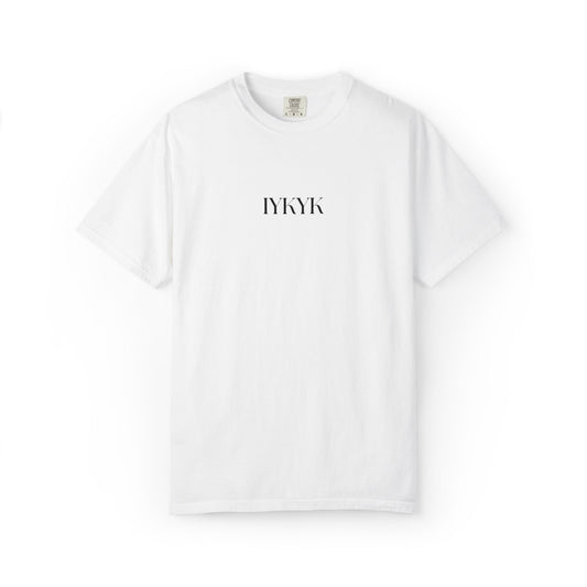 White t-shirt with 'IYKYK' text on a white background