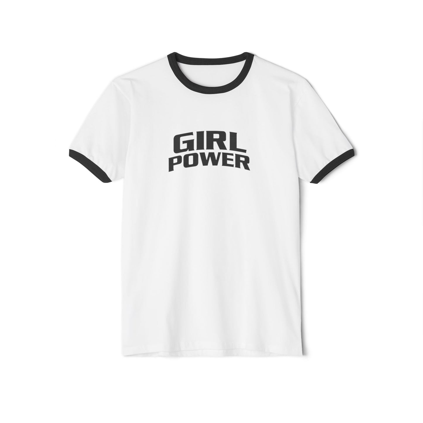 White t-shirt with black text "GIRL POWER" and trim on a white background