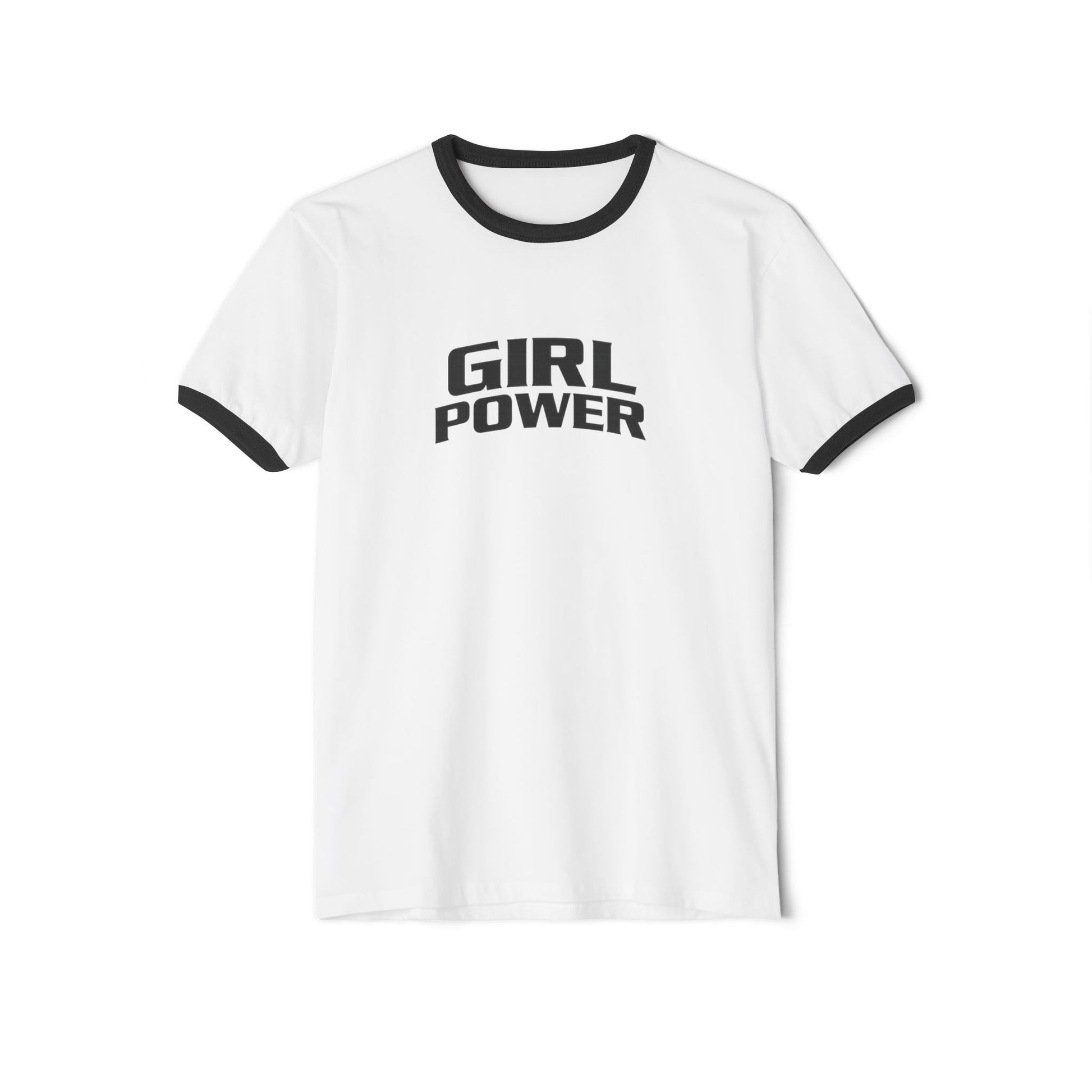 White t-shirt with black text "GIRL POWER" and trim on a white background