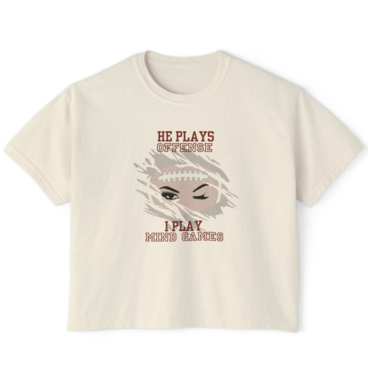 Ivory t-shirt with graphic design and text on a white background