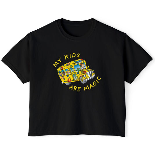 Black t-shirt with a colorful school bus graphic and text on a white background
