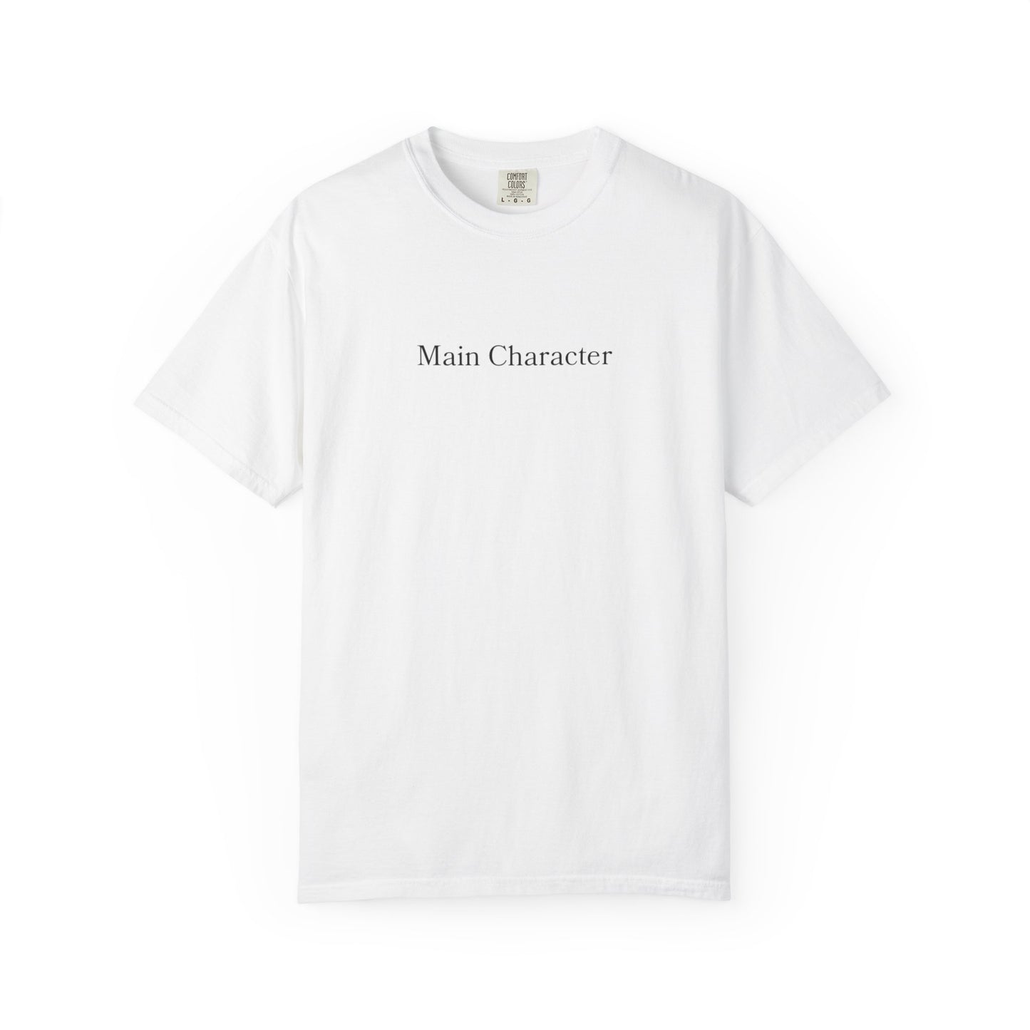 White t-shirt with 'Main Character' text on a white background
