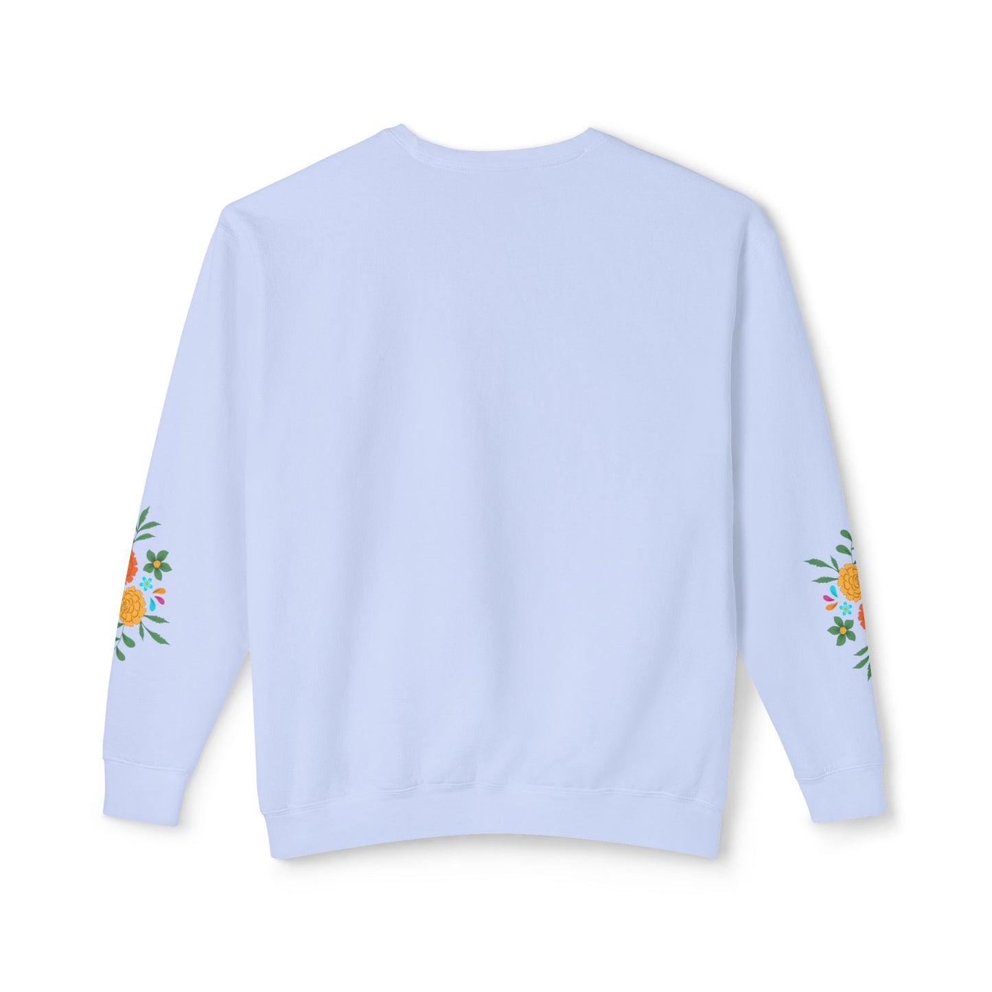 Light blue sweatshirt with floral designs on sleeves against a white background
