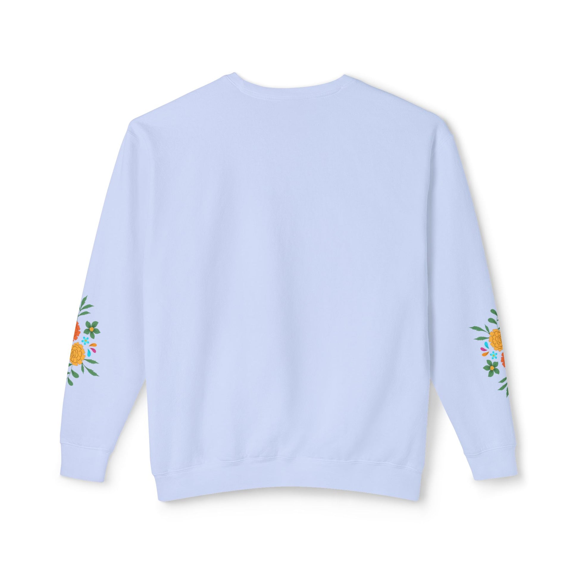 Light blue sweatshirt with floral designs on sleeves against a white background