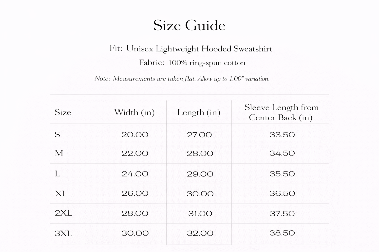 Size guide for a unisex lightweight hooded sweatshirt with measurements in inches.