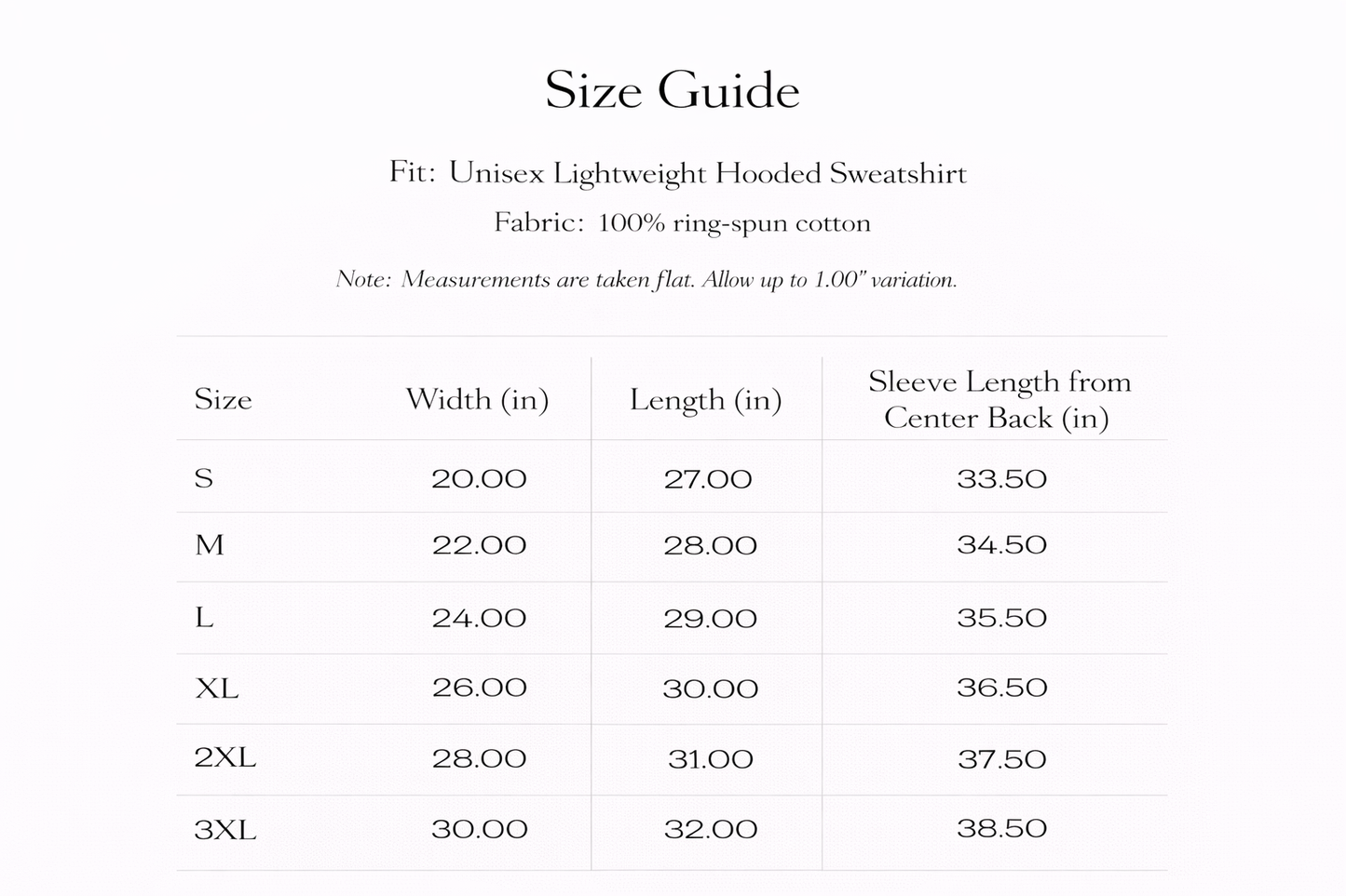Size guide for a unisex lightweight hooded sweatshirt with measurements in inches.
