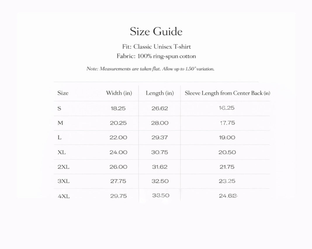 Size guide for a classic unisex t-shirt with measurements in inches.