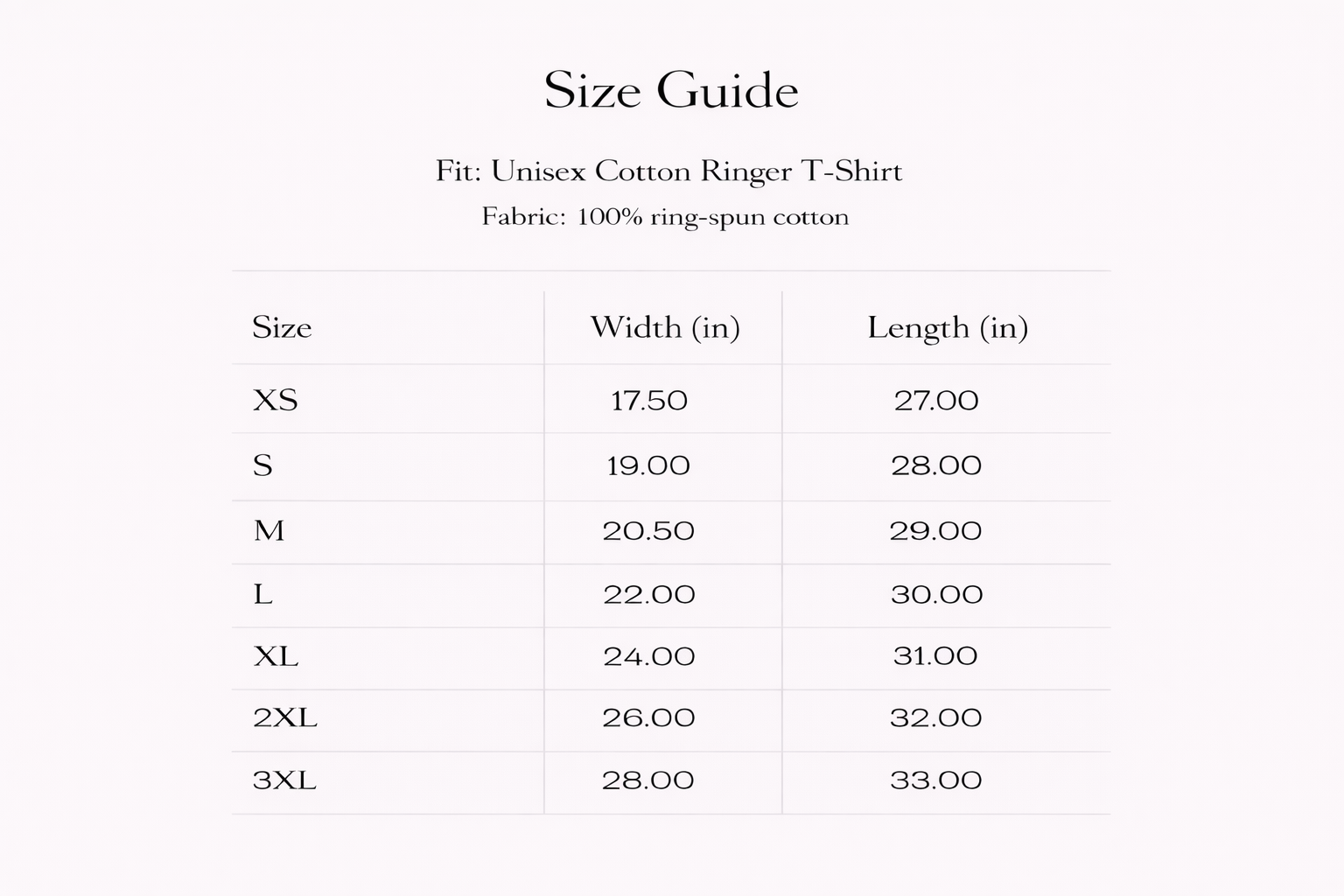 Size guide for unisex cotton ringer t-shirts with dimensions in inches.