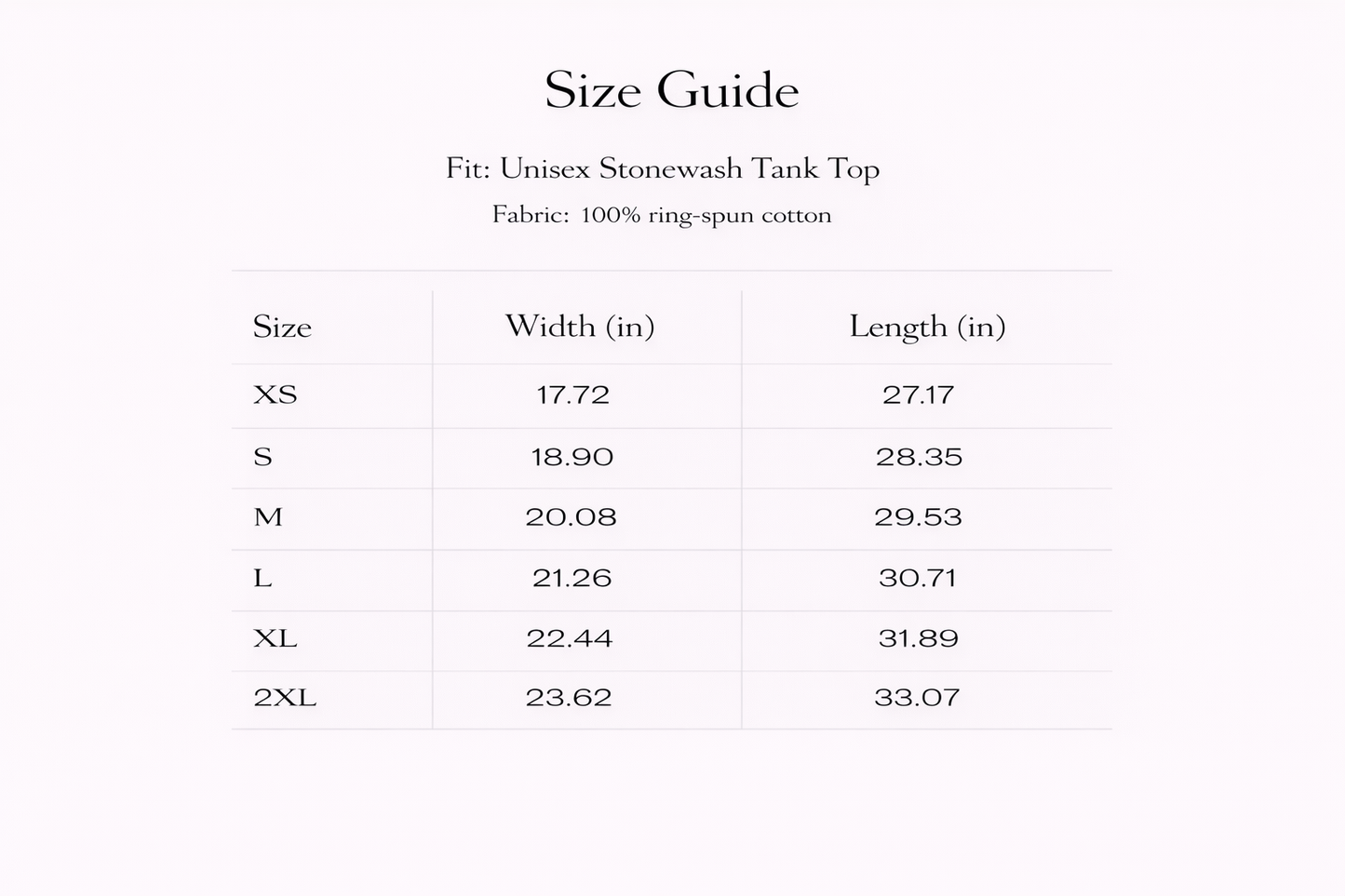 Size guide for a unisex stonewash tank top with dimensions listed.