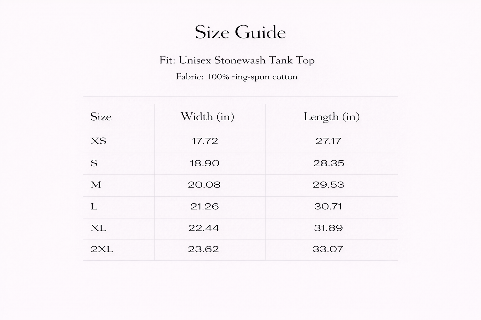 Size guide for a unisex stonewash tank top with dimensions listed.