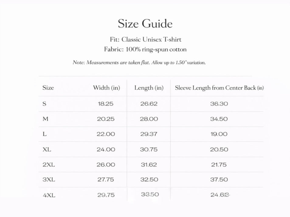 Size guide for a classic unisex t-shirt with measurements in inches.