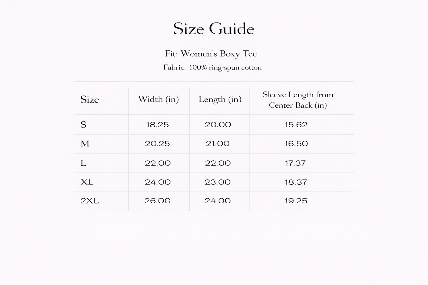 Size guide for women's boxy tee with dimensions in inches.