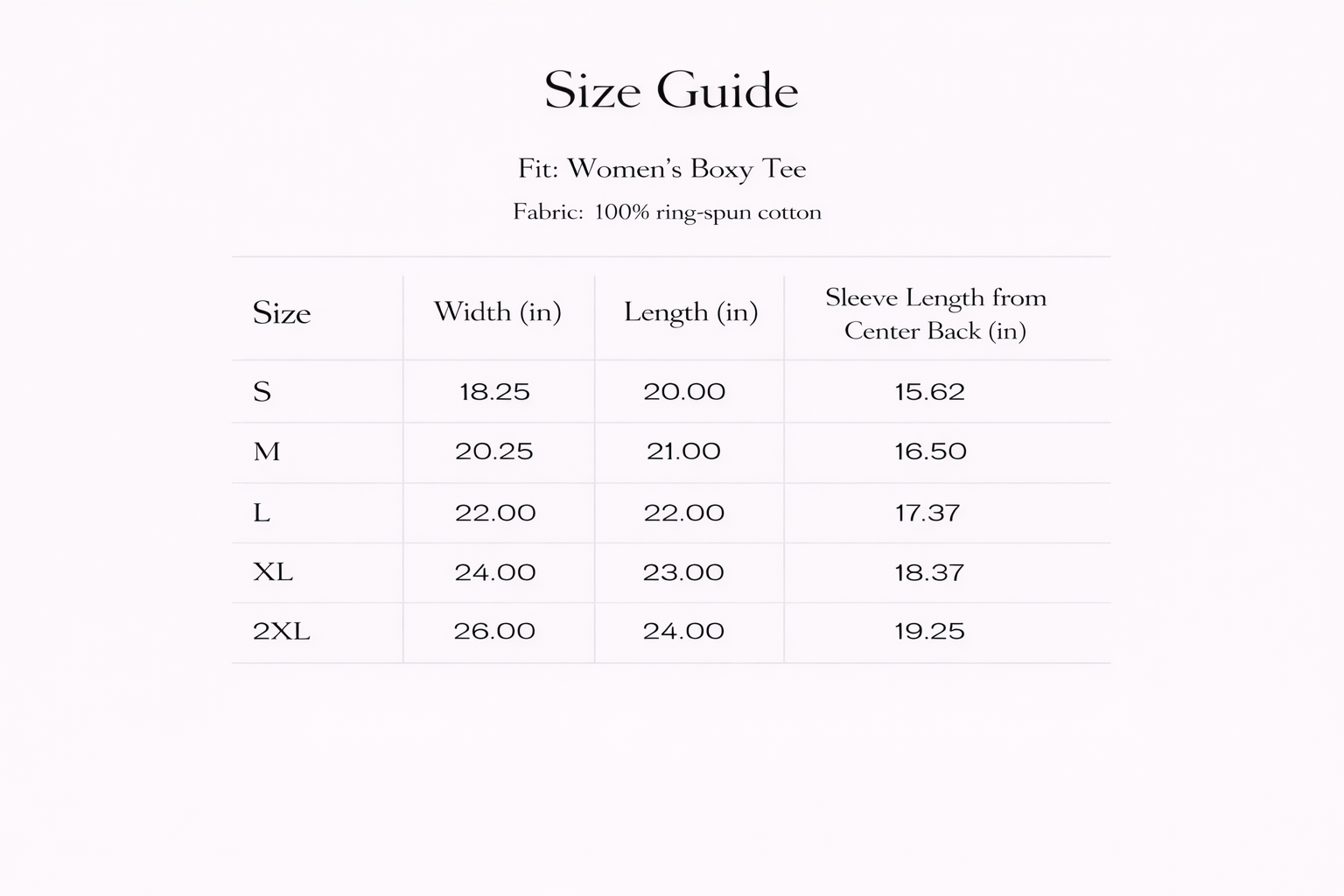Size guide for women's boxy tee with dimensions in inches.